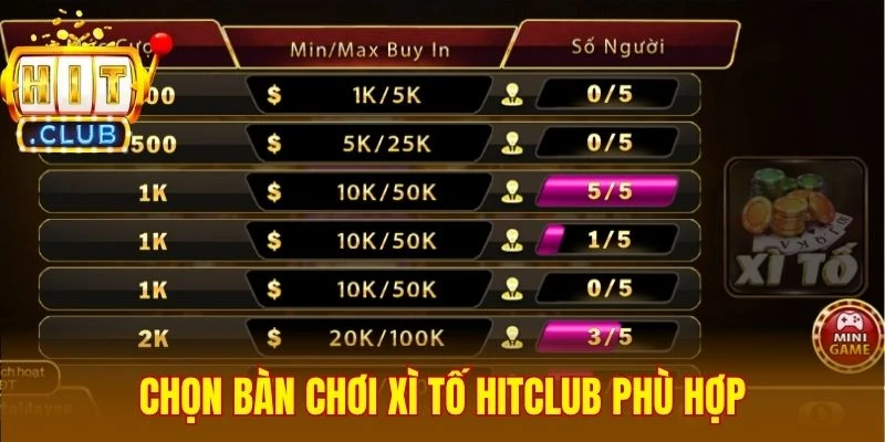 Chọn bàn chơi Xì Tố Hitclub phù hợp